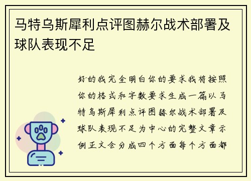 马特乌斯犀利点评图赫尔战术部署及球队表现不足